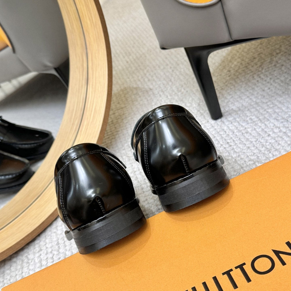 Louis Vuitton Men's Black Leather Loafers - Slip-On Design