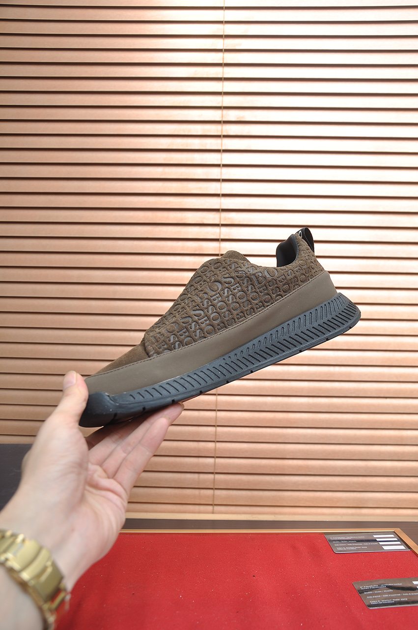 Hugo Boss Brown Textured Slip-On Sneakers