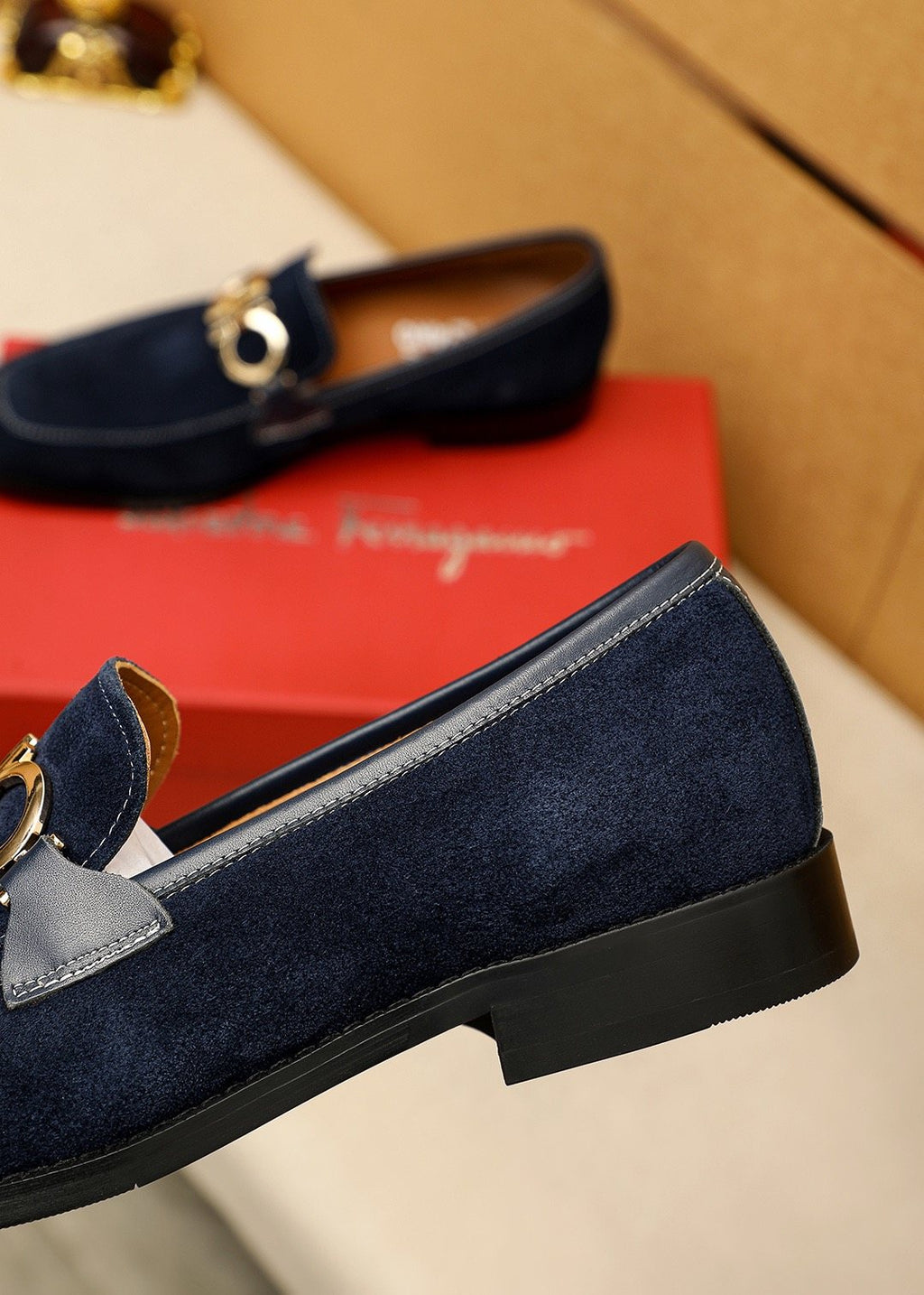 Ferragamo Navy Blue Hardware Loafers