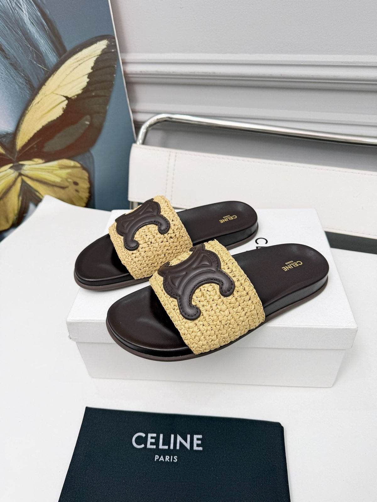 Celine Woven Emblem Slide Sandals